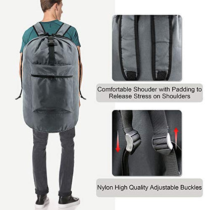 BeeGreen Gray Laundry Backpack w Adjustable Shoulder Straps & Drawstring College Dorm Room Essentials w Handle for Travel Trip Lightweight Durable Laundry Bag Hamper Portable - color: Grey, style: With Front Zipper Pocket