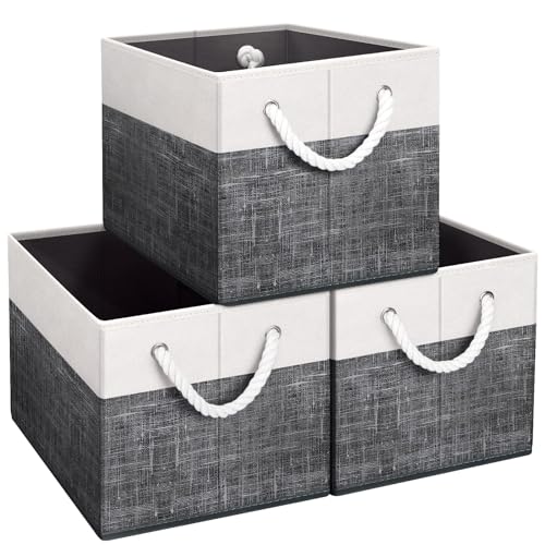 Fab totes Storage Bins 3-Pack, Foldable Storage Baskets for Organizing Toys, Books, Shelves, Closet, Large Storage Box with Rope Handles, Sturdy Organizer Bins, White & Black - color: White & Black, size: 3pack