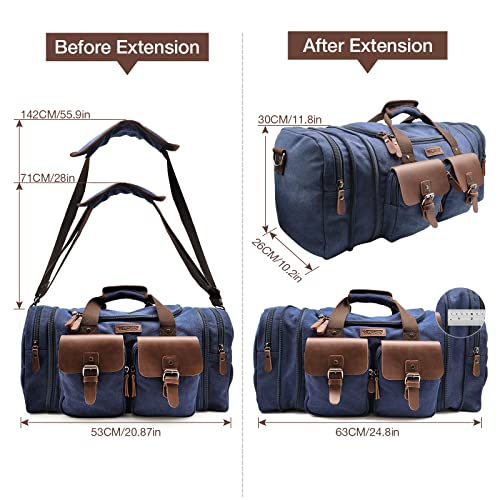 Wildroad 50L Travel Duffel Bag, Expandable Canvas Genuine Leather Duffle Bag Upgraded Overnight Weekender Carry on Bag - color: Blue, size: Large-50L Duffle Bag