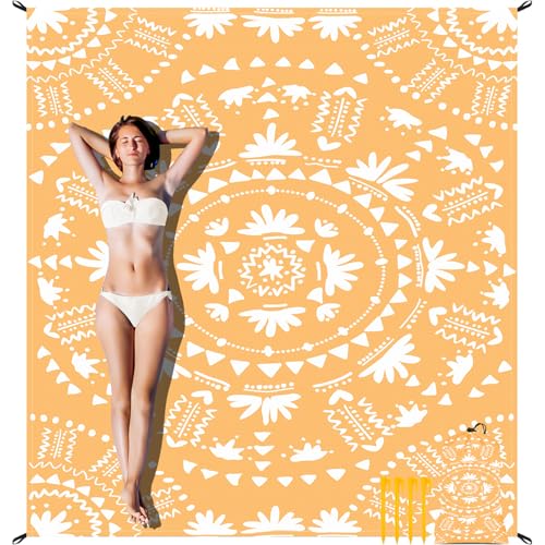 110''×118'' Extra Large Sandproof Beach Blanket 4-8 Adults, Waterproof Foldable Picnic Blankets with 4 Stakes & 4 Pockets, Lightweight Boho Outdoor Beach Mat for Travel, Camping, Hiking - color: Boho Honey, size: 9x10 FT (1～8 person)