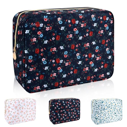 Waterproof Nylon Large Makeup Bag Travel Pouch, Floral Preppy Big Cosmetic Bag Make Up Organizer Toiletry Bag with Zipper, Large Capacity Cute Zipper Pouch Storage Bag for Women Girls(Black Rose) - color: Black-Rose, size: Large
