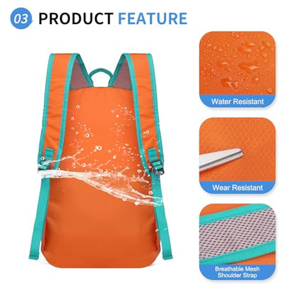 Hiking Daypack Packable, Camping Backpack Water Resistant Lightweight Polyester for Men Women Travel Outdoor - color: Orange