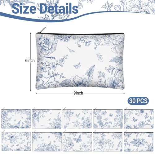 30 Pcs Blue Chinoiserie Floral Makeup Bags Porcelain Cosmetic Zipper Pouches with Blue Flower Makeup Bag Bulk Canvas Cosmetic Travel Toiletry Pouch for Women bridesmaids Wedding Favors - style: Blue Porcelain