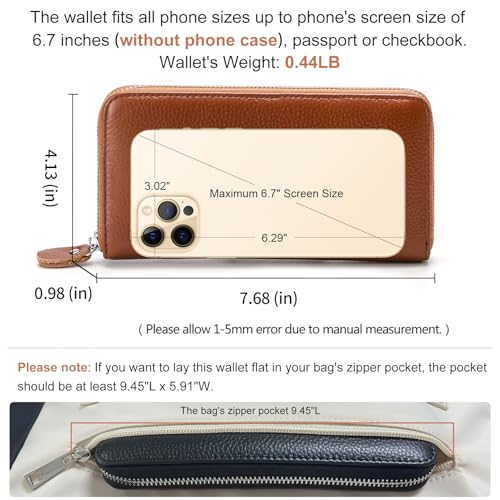 Moflycom Womens Wallet RFID Blocking Genuine Leather Zip Around Wallet Clutch Wristlet Travel Long Purse for Women - color: Brown