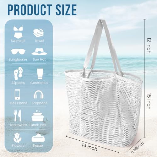 HOHOM Beach Bags for Women, Summer Travel Mesh Tote Bag with Large Inner Pocket, Sandproof Woven Shoulder Handbag - color: Snowy White