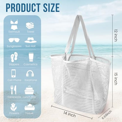 HOHOM Beach Bags for Women, Summer Travel Mesh Tote Bag with Large Inner Pocket, Sandproof Woven Shoulder Handbag - color: Snowy White