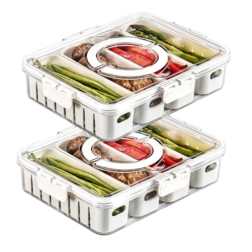 2Pack Divided Veggie Tray with Lid and Handle 4 Compartment Serving Tray with Dividers Portable Travel Snack Storage Containers Stackable Snackle Box Charcuterie Container for Fruit,Vegetable,Salad - size: 2 Pack-4 Compartment