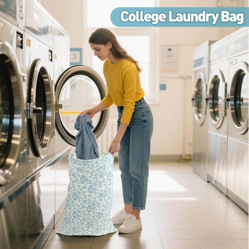 Laundry Bag, Dirty Backpack Laundry Bag For College Travel Laundromat Apartment, With Handles 29" X 18" (Blue Florals) - color: Blue Florals