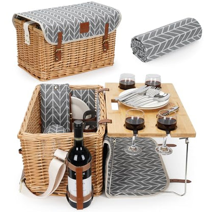 WILLOW WEAVE Luxury Picnic Basket, Wicker Picnic Basket Set for 4, Picnic Basket with Blanket & Portable Table for Camping and Outdoor Party - Gray - size: L for 4P-BlueLeaf
