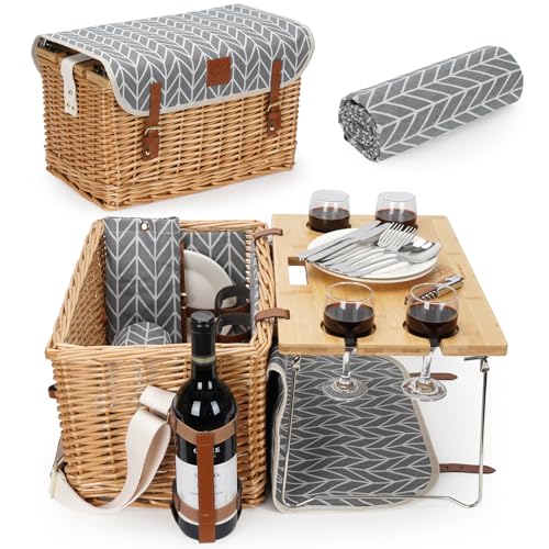 WILLOW WEAVE Luxury Picnic Basket, Wicker Picnic Basket Set for 4, Picnic Basket with Blanket & Portable Table for Camping and Outdoor Party - Gray - size: L for 4P-BlueLeaf