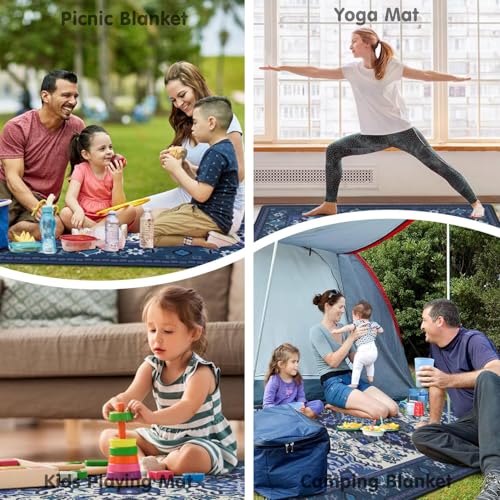 Supfitness Extra Large Picnic Blankets Waterproof Foldable (80"x 80") Beach Blanket Waterproof Sandproof,3-Layer Thicking Mat Outdoor Packable Camping Blanket - color: Boho-dark Blue, size: 80x80in
