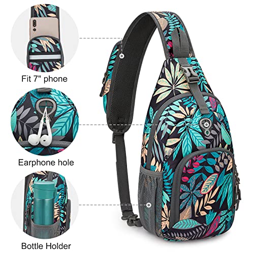 G4Free RFID Sling Bag Crossbody Backpack Small Chest Shoulder Bag Hiking Outdoor - color: Blue Leaf