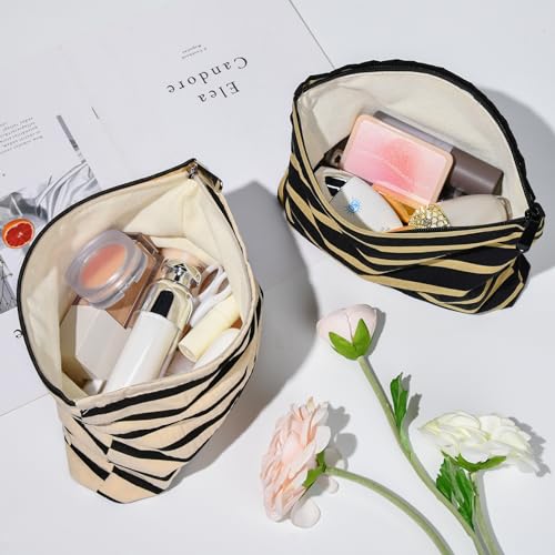 SOIDRAM 2 Pieces Makeup Bag Large Stripe Cosmetic Bag Capacity Canvas Travel Toiletry Bag Organizer Cute Makeup Brushes Aesthetic Accessories Storage Bag for Women, Stripe L Black White - color: Black& white stripe