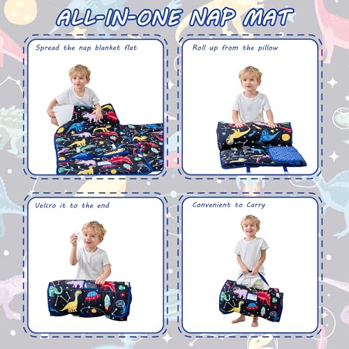 Lasoftan Toddler Nap Mat with Pillow and Blanket, Extra Large Rolled Napping Mats,Slumber Bags for Boys Girls,Kids Sleeping Bag for Daycare, Preschool Travel Camping - color: Space Dinosaur