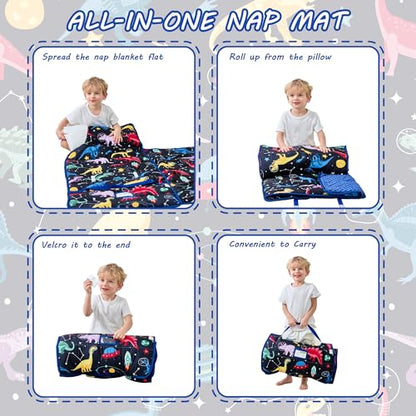Lasoftan Toddler Nap Mat with Pillow and Blanket, Extra Large Rolled Napping Mats,Slumber Bags for Boys Girls,Kids Sleeping Bag for Daycare, Preschool Travel Camping - color: Space Dinosaur