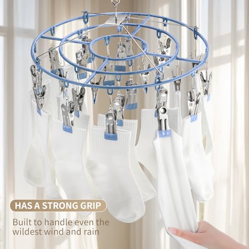 PHYDELU Drying Rack Clothing with 24 Clips，Sock Hanger for Drying，Hanging Clothes Dryer Underwear Hangers Racks Laundry Herb Socks Panty Wet Bra Lingerie Baby Delicates Foldable Small Indoor Metal - color: Blue (24 Clips)