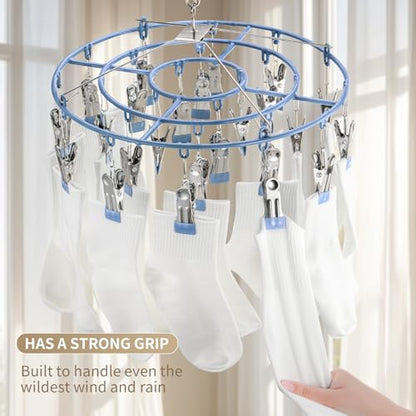 PHYDELU Drying Rack Clothing with 24 Clips，Sock Hanger for Drying，Hanging Clothes Dryer Underwear Hangers Racks Laundry Herb Socks Panty Wet Bra Lingerie Baby Delicates Foldable Small Indoor Metal - color: Blue (24 Clips)