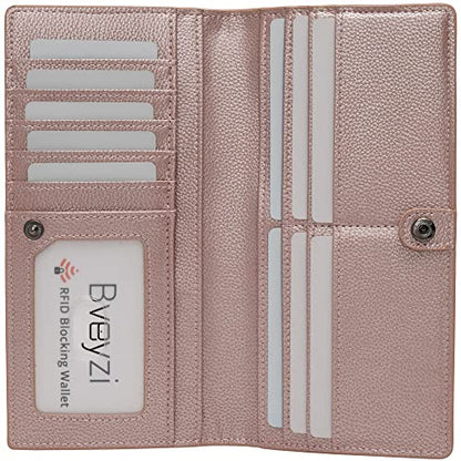 Bveyzi Ultra Slim Thin Leather RFID Blocking Credit Card Holder Bifold Clutch Wallets for Women - color: Rose Gold