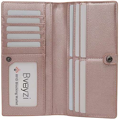 Bveyzi Ultra Slim Thin Leather RFID Blocking Credit Card Holder Bifold Clutch Wallets for Women - color: Rose Gold