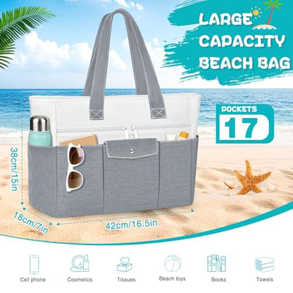 Beach Bags for Women Large Canvas Beach Tote with Zipper Wet Pocket, Waterproof Foldable Swim Pool Travel Tote Bags - color: Gray