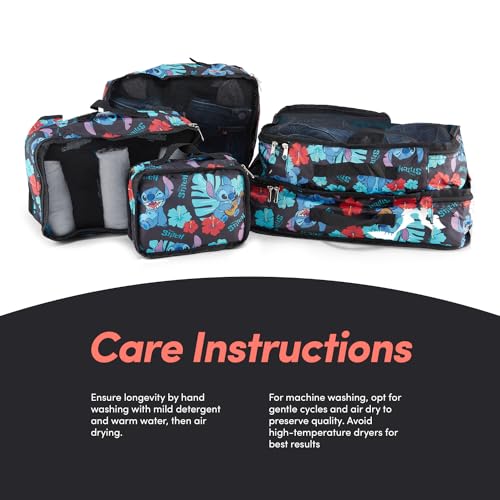 Disney Minnie Mickey Stitch Packing Cubes - Winnie the Pooh, Princess Cinderella, Cars, Toy Story 5 Piece Packing Cubes Compression - Travel Essential - Luggage Suitcase Organizer Set - color: Black Stitch