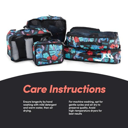 Disney Minnie Mickey Stitch Packing Cubes - Winnie the Pooh, Princess Cinderella, Cars, Toy Story 5 Piece Packing Cubes Compression - Travel Essential - Luggage Suitcase Organizer Set - color: Black Stitch