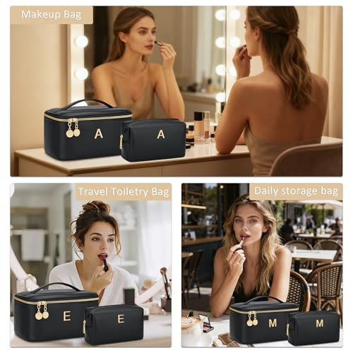 Personalized Initial Makeup Bag Gifts for Women, Large Travel Cosmetic Organizer with Handle & Divider, PU Leather Toiletry Bag for Girls, Birthday Bridesmaid Gift Set - Black - B - color: Black, style: B
