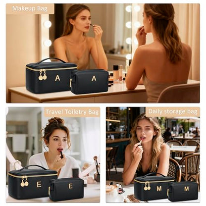 Personalized Initial Makeup Bag Gifts for Women, Large Travel Cosmetic Organizer with Handle & Divider, PU Leather Toiletry Bag for Girls, Birthday Bridesmaid Gift Set - Black - T - color: Black, style: T