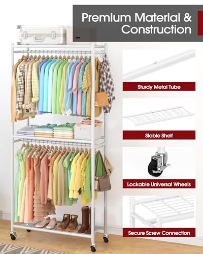 Sakugi Clothes Rack - 33.0" x 12.2" x 79.5" Clothing Rack with Shelves & Wheels, Multi-Functional Wardrobe Closet with Hooks, Sturdy Metal Garment Rack for Bedroom, Laundry, Balcony (White) - color: White, size: Large