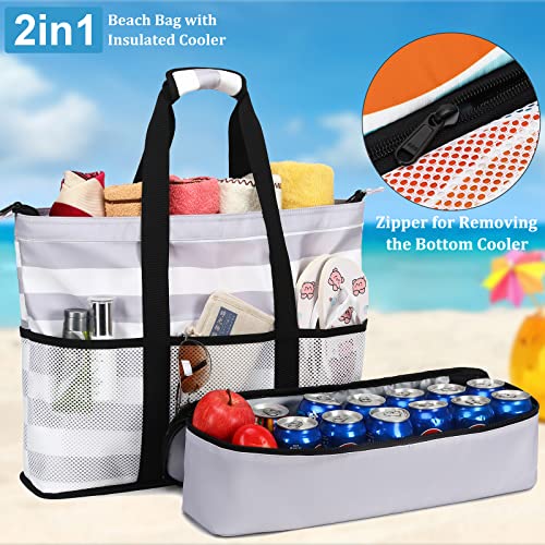 JIANYA Beach Bag Women Waterproof Sandproof Beach Tote Bags with Cooler Top Zipper Large Totes for Pool Travel Daily - color: Grey Stripes