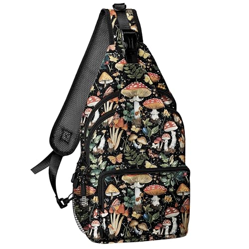 Mushroom Black Sling Bag for Women Men, Sling Backpack Chest Daypack Crossbody Bag for Travel Outdoor Hiking - color: Color 9