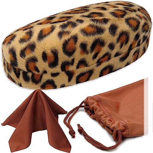 MyEyeglassCase Hard Sunglasses case - Women Glasses Case Holder - Large Durable Eyeglass Case Hard Shell with Pouch & Cloth - color: Leopard Animal Print
