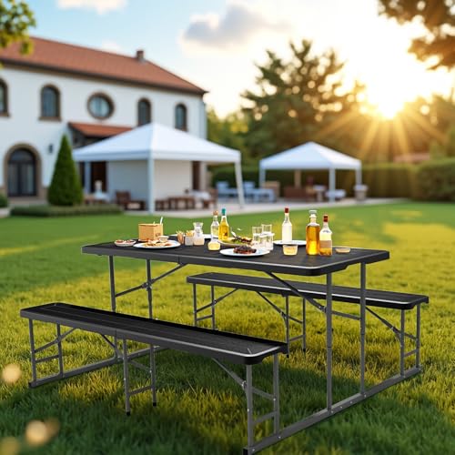 VINGLI Folding Picnic Table and Bench Set, Portable Outdoor Dining Furniture for Camping, Patio, Backyard, Wood Grain Plastic Top with Metal Frame with Kaqi Umbrella - color: Black, style: Standard