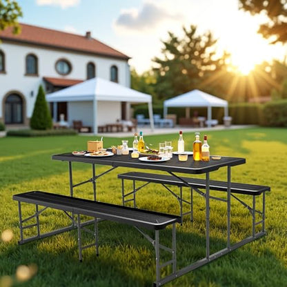 VINGLI Folding Picnic Table and Bench Set, Portable Outdoor Dining Furniture for Camping, Patio, Backyard, Wood Grain Plastic Top with Metal Frame with Kaqi Umbrella - color: Black, style: Standard