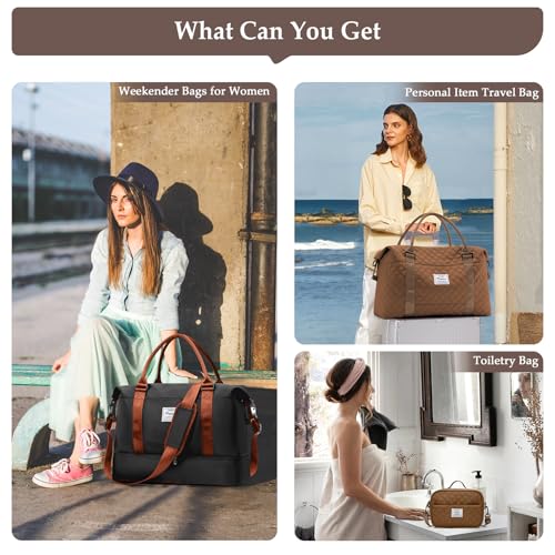 Weekender Bags for Women,Travel Duffle Overnight Bag with Shoe Compartment,Personal Item Carry On Bag,Black & Brown,Large,3 Pcs Set - color: B-BlackBrown-3PCS-4051, size: Large