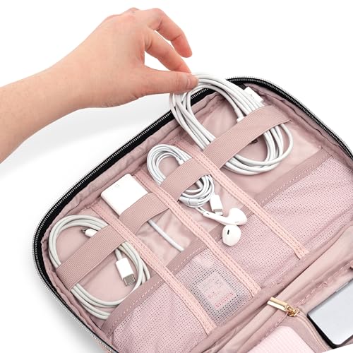PAVILIA Travel Cord Organizer, Electronic Organizer Travel Case, Tech Case Cable Storage, Small Charger Cord Bag Pouch, Accessories Tech Gifts for Men Women, Pink Quilt - color: Pink Quilt