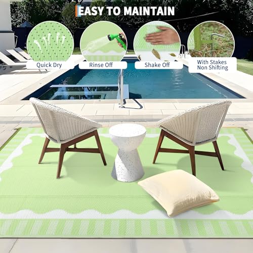 Garvee 9x12 Outdoor Rug, Scalloped Border Waterproof Camping Rugs for Outside Your RV, Modern Foldable Plastic Straw Rug, Reversible UV Resistant Mats for Backyard Deck Porch Camper, Light Green - color: Bordered|light Green, size: 9' x 12' (Rectangular)
