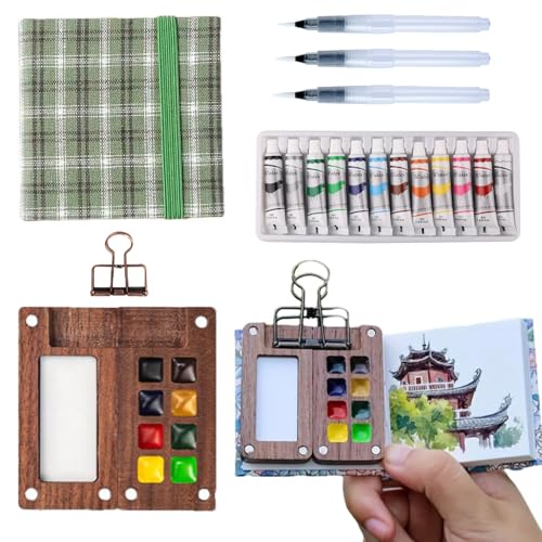 Aimery Mini Watercolor Paint Travel Set, Portable Pocket Size Water Color Painting Kit with Wooden Palette, Refillable Brush & Sketchbook(Green Stripe) – Gift for Birthdays, Beginners, Art Lovers - style: Green Stripe