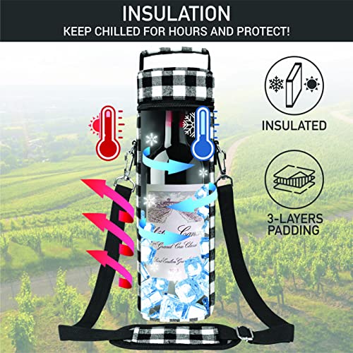 opux Wine Bag Single Bottle Carrier Tote, Insulated Wine Cooler Bag for Travel Picnic Beach with Shoulder Strap, Thermal One Bottle Holder Carrying Case Wine Gift for Women Men, Plaid Buffalo White - color: Buffalo Plaid White