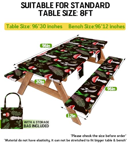 Fitted Picnic Table Cover with Bench Covers Vinyl Waterproof Elastic Edges Fitted Rectangle Table Cloth Patio Tablecloth Camping Essentials Rv Gear Accessories Road Trip Supplies Car Travel Must Have - color: Black Red Mushrooms, size: 96in