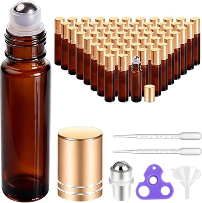 PrettyCare 60 Pack, 10 ml Essential Oil Roller Bottles with Stainless Steel Roller Ball - Bulk Refillable Leak-proof Empty Thick Amber Glass Roll on Bottles with Metal Caps for Travel, Perfume - color: Amber with Golden Cap, size: 60 Pack
