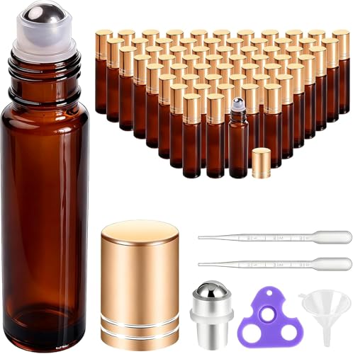 PrettyCare 60 Pack, 10 ml Essential Oil Roller Bottles with Stainless Steel Roller Ball - Bulk Refillable Leak-proof Empty Thick Amber Glass Roll on Bottles with Metal Caps for Travel, Perfume - color: Amber with Golden Cap, size: 60 Pack