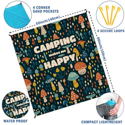 Camping Mushroom Pocket Picnic Blankets, Camp Fall Mini Beach Camping Blanket Waterproof Sandproof, Rustic RV Outdoor Picnic Blanket Mat Gifts for Camper Campsite Travel Hiking 55x60in - color: Mushroom