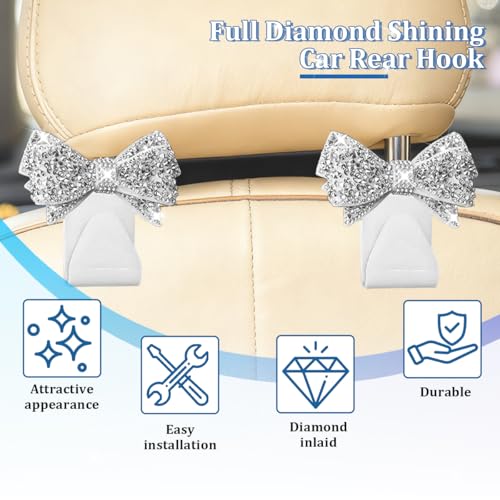 2PCS Bling Bow Car Seat Headrest Hook, Lovely Crystal Rhinestone Back Seat Storage Organizer for Handbag Purse Coat, Girly Sparkling Diamond Backseat Bag Hanger Holder, Universal Fit (White) - color: White