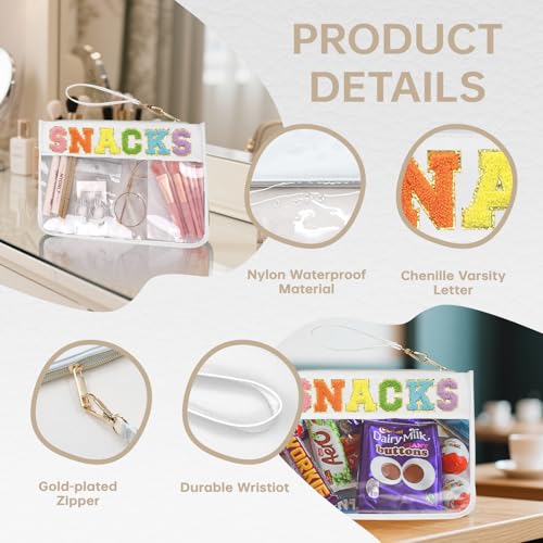 Snack Bag Clear Chenille Varsity Letter Zipper Pouch for Travel Nylon Clear Cosmetic Bag Makeup Travel Bag for Women (White-Snacks) - color: BS-SNACKS