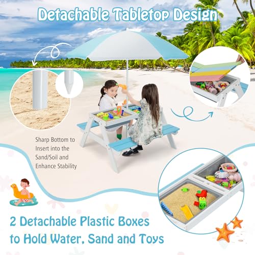 HONEY JOY Kids Picnic Table, 4 in 1 Cedar Wooden Sand & Water Table w/ 2 Removable Box & Umbrella, Kids Picnic Tables for Outdoors Backyard Garden, Toddler Patio Furniture Set for Boys Girls(Blue) - color: Blue