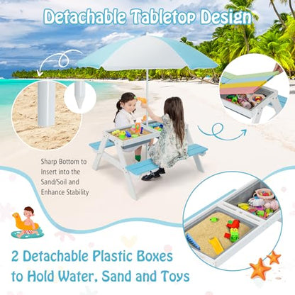 HONEY JOY Kids Picnic Table, 4 in 1 Cedar Wooden Sand & Water Table w/ 2 Removable Box & Umbrella, Kids Picnic Tables for Outdoors Backyard Garden, Toddler Patio Furniture Set for Boys Girls(Blue) - color: Blue