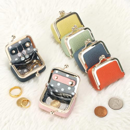 Genuine Leather Mini Jewelry Box Coin Purse for Women,Solid Color Kiss Lock Jewelry Case Organizer,Mini Travel Ring Box - color: Pink