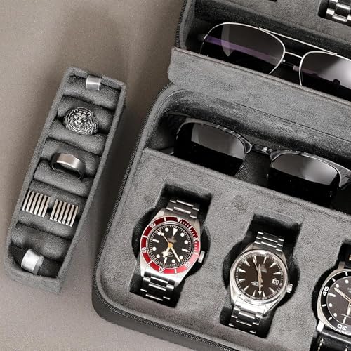 ROTHWELL 8 Watch Travel Case Storage Organizer for 8 Watches, Sunglasses, Rings & Cufflinks |Tough Portable Protection with Zipper Fits Most Wristwatches & Smart Watches Up to 50mm (Black/Grey) - color: Black/Grey