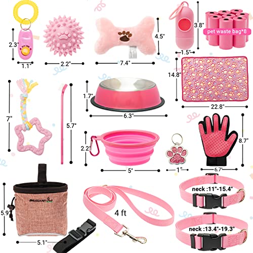 FLYSTAR Puppy Starter Kit for Small Dogs, 26 pcs Dog Supplies, Dog Toys, Collar & Leash, Training Clicker, Treat Bag, Poop Waste Bag with Dispenser, Blanket, Grooming Glove, Bowls, Toothbrush, etc - color: Pink, size: 26 pcs
